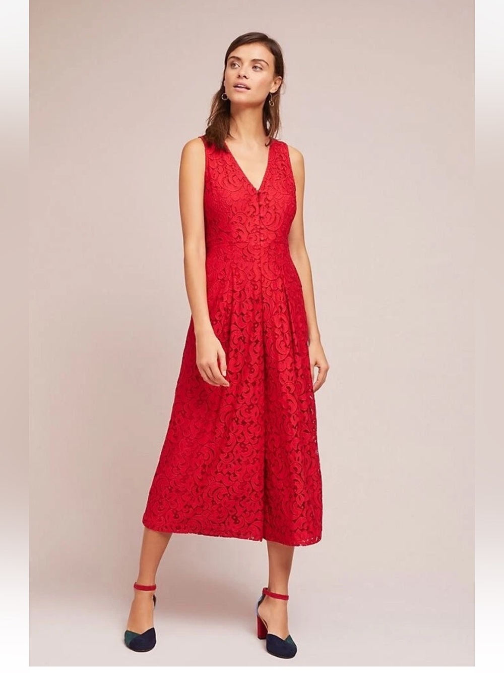 Anthropologie Moulinette Soeurs Jaeda Wide Leg Jumpsuit Romper Red Lace Size 8